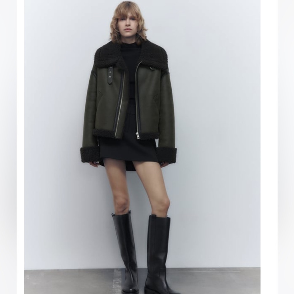 Zara Olive Green Bomber Jacket with Black Shearling Trim
